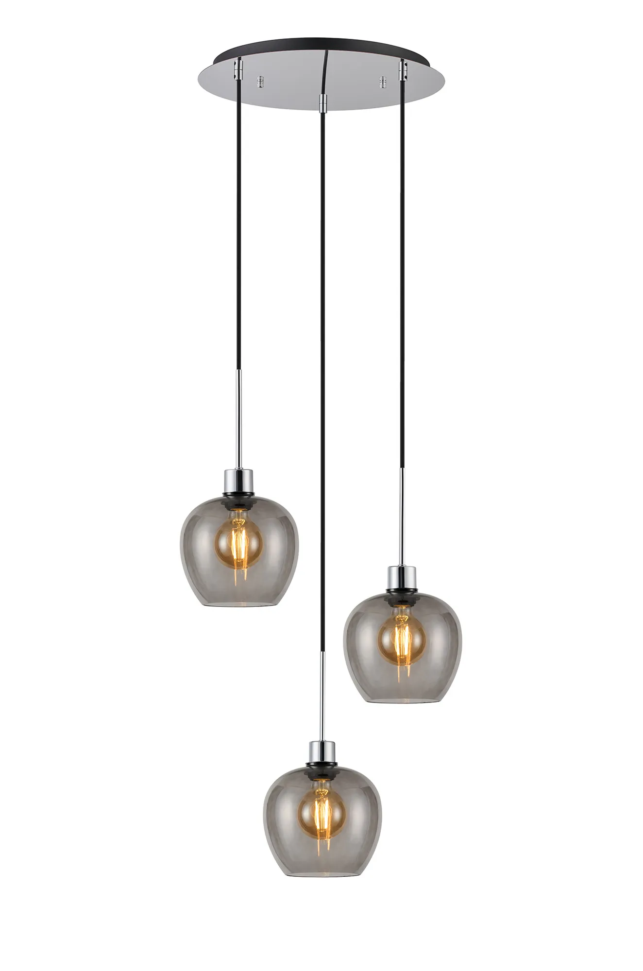 DK1278  Lori 40cm Round Pendant, 3 Light Adjustable E27, Polished Chrome/Smoke Wine Shades